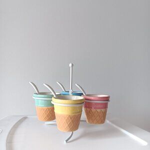 ND Exclusive Ceramic Ice Cream Toppings Serving Dish Spins Spoons Pink Blue Tan